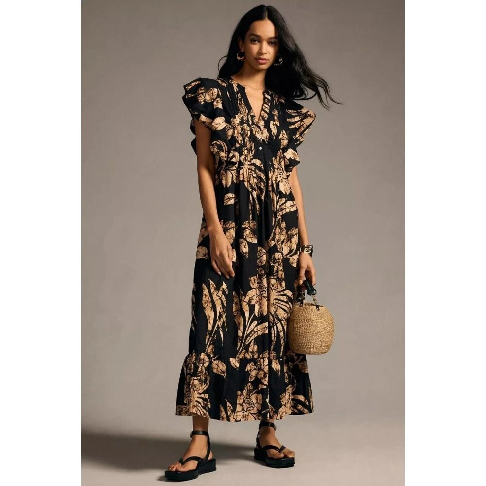 Maeve Black and Tan Botanical Maxi Dress